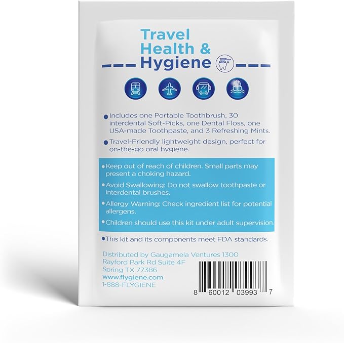 FLYGINE Smile On – Complete Dental Travel Kit – Includes Travel Toothbrush, Toothpaste, Floss, Interdental Picks & Mints – TSA-Approved Oral Care Kit in a Durable, Reusable Case with Zipper Closure