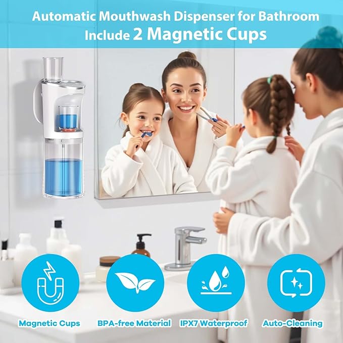 Automatic Mouthwash Dispenser for Bathroom, 2000mAh Electric Touchless Mouthwash Dispenser with Magnetic Cups, 20 Oz Wall Mounted/Countertop Mouthwashs Dispensers for Kids & Adults(White)