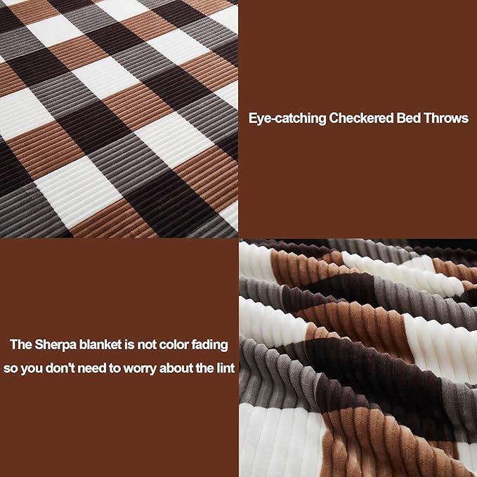 PU MEI Sherpa Blanket Twin Plaid Thick Bed Blanket, 60”*80” Super Soft Flannel Fuzzy Fleece Reversible Velvet Plush Warm Blanket for Couch(Brown-Check, 60"*80")-StrideForce Fitness