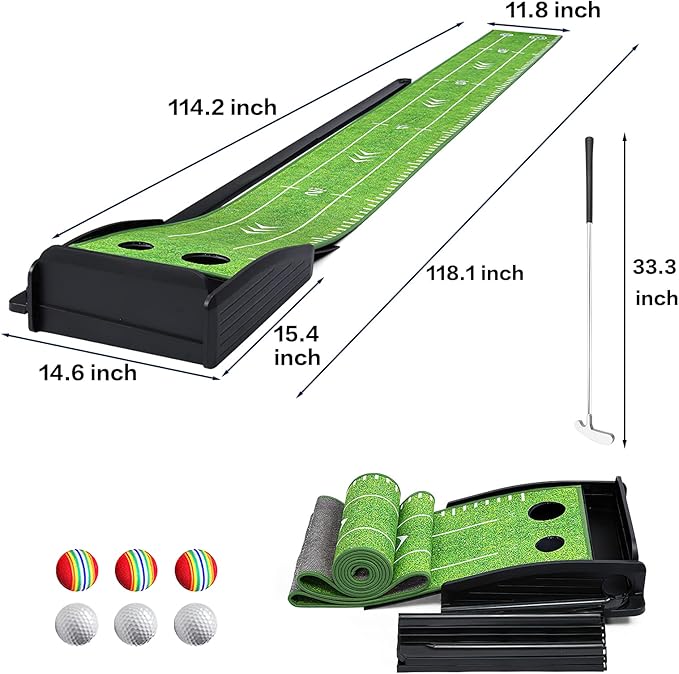 Golf Putting Green Mat with Putter and 6 Balls, Putting Practice Mat with Auto Ball Return for Home, Office, Backyard, Indoor, Outdoor Use-StrideForce Fitness