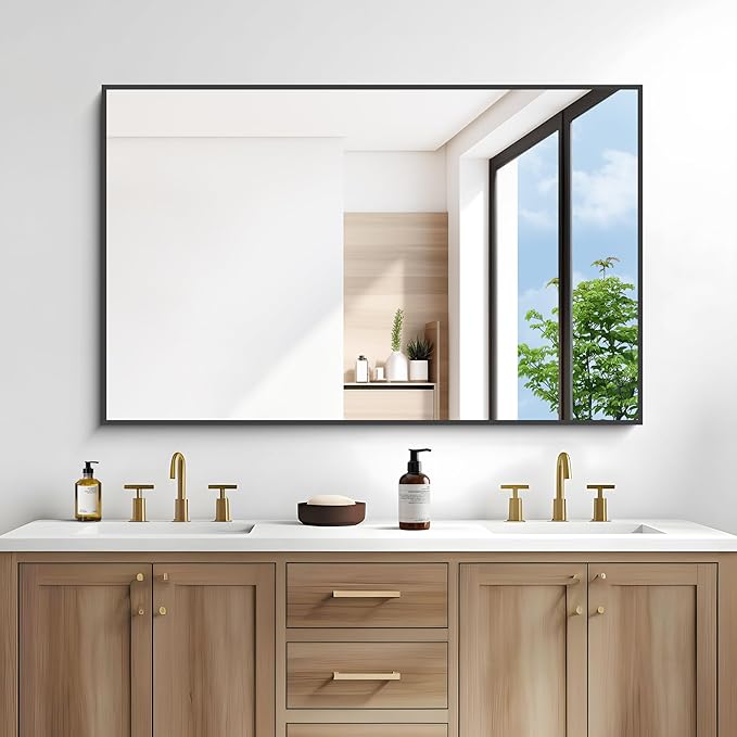 Black Bathroom Mirror for Wall, 55x36 Inch Rectangle Mirrors with Metal Frame, Modern Vanity Wall Mirror Decor for Entryway Hangs, Bathroom Living Room Horizontal or Vertical-StrideForce Fitness