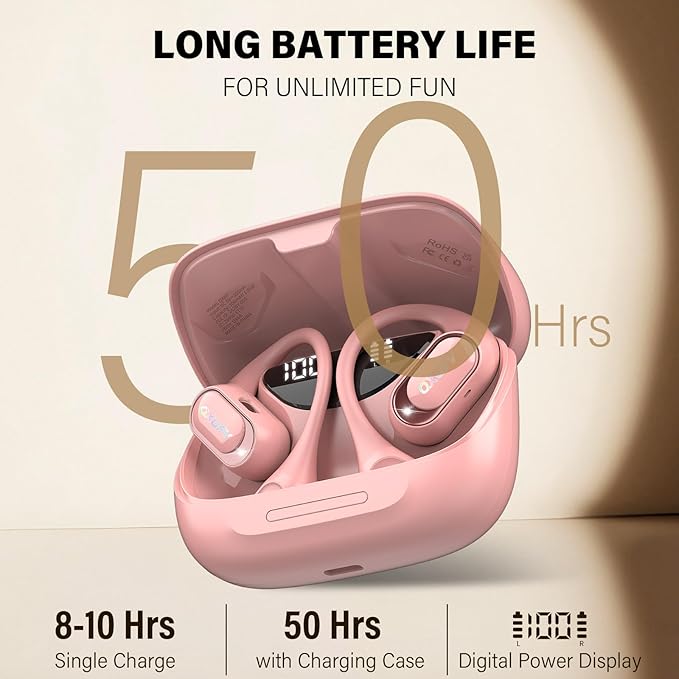 Open Ear Headphones, Bluetooth 5.4 Headphones Sports, Premium Sound with HD Mic Wireless Earbuds, 48H Playtime LED Power Display Ear Buds, IPX7 Lightweight Comfort Earphones for Running, Pink-StrideForce Fitness