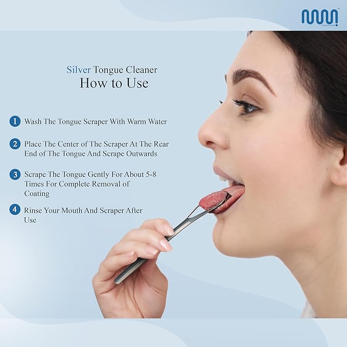MasterMedi Tongue Scraper for Adults, 100% Stainless Steel for Bad Breath, Easy to Use, Tongue Cleaner for Oral Care (Pack of 3 with 1 Case)