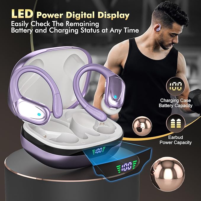Wireless Earbuds, Sports Bluetooth Headphones, 80Hrs Playtime Ear Buds with LED Power Display, Noise Canceling Headset, IPX7 Waterproof Earphones for Workout/Running (Purple)-StrideForce Fitness