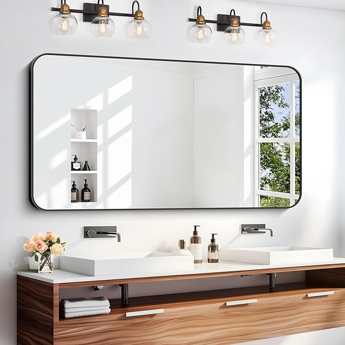 24" x 48"Bathroom Mirror, Matte Black Wall Mirror with Metal Frame, Decorative Rectangular Vanity Mirror for Bedroom Bathroom Living Room Entryway (Horizontal/Vertical)-StrideForce Fitness