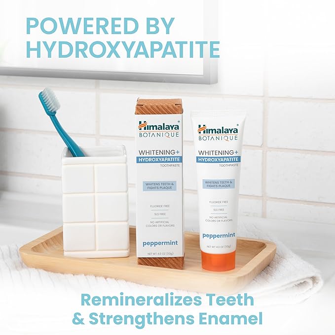 Himalaya Botanique Whitening + Hydroxyapatite Toothpaste, Peppermint - Nano Hydroxyapatite to Support Remineralization and Restore Enamel, Appropriate for Sensitive Teeth - Gluten Free, 4 oz, 2 Pack