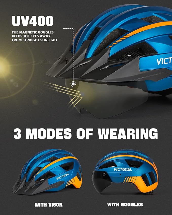 VICTGOAL Bike Helmet for Men Women with Led Light Detachable Magnetic Goggles Removable Sun Visor Mountain & Road Bicycle Helmets Adjustable Size Adult Cycling Helmets-StrideForce Fitness