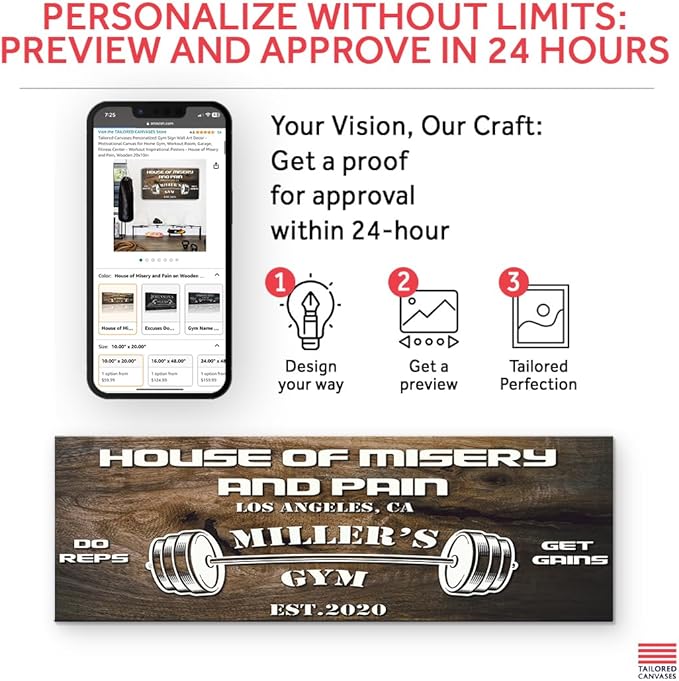 Tailored Canvases Personalized Gym Sign Wall Art Decor - Motivational Canvas for Home Gym, Workout Room, Garage, Fitness Center - Workout Inspirational Posters - House of Misery and Pain, Wooden 36x12in-StrideForce Fitness