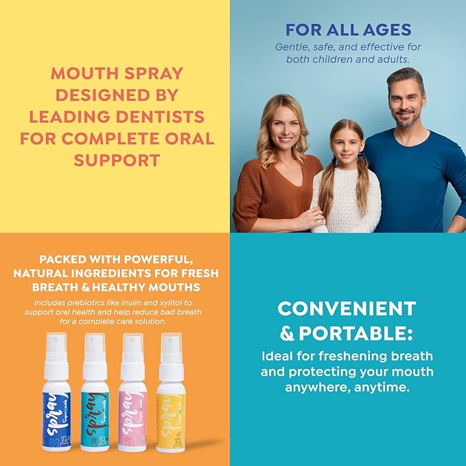 SuperMouth® Mouth Spray – Alkaline Formula with Prebiotics, Fights Bad Breath, Safe & Clean, Xylitol Enriched, Sugar-Free, pH Balancing, Portable for Kids and Adults, 4 Flavors