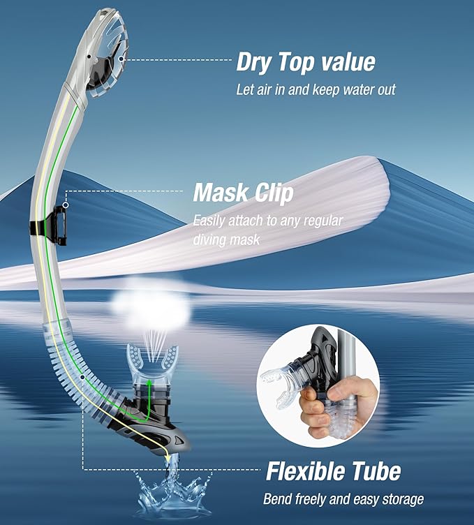 Aegend Dry Snorkel, Dive Mask Easy-Breath Free Diving Snorkel for Snorkeling Scuba Diving Freediving Swimming, with Top Dry Valve and Food-Grade Silicone Mouthpiece-StrideForce Fitness