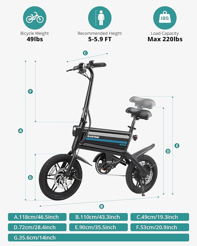 Gotrax Nano 14" Electric Bike, Max Range 25Miles(Pedal-Assist)&Max Speed 15.5Mph, 350W Folding E-Bike with Removable Battery, Adjustable Seat & Dual Mudguards, Commuter Electric Bicycle for Ages 13+-StrideForce Fitness