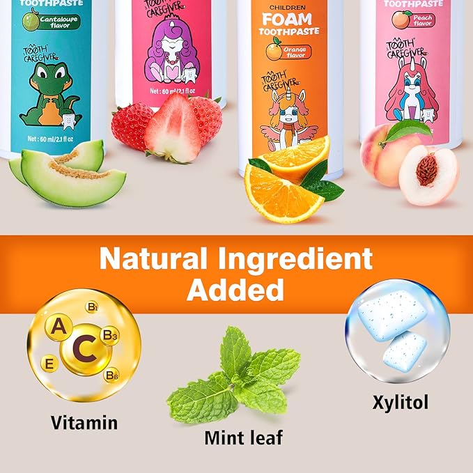 NOHOO Fluoride Free Foam Toothpaste Kids Orange Flavour,Natural Training Toothpaste for Baby Toddler Children Oral Cleaning and Cavity Protection(2 Pack)