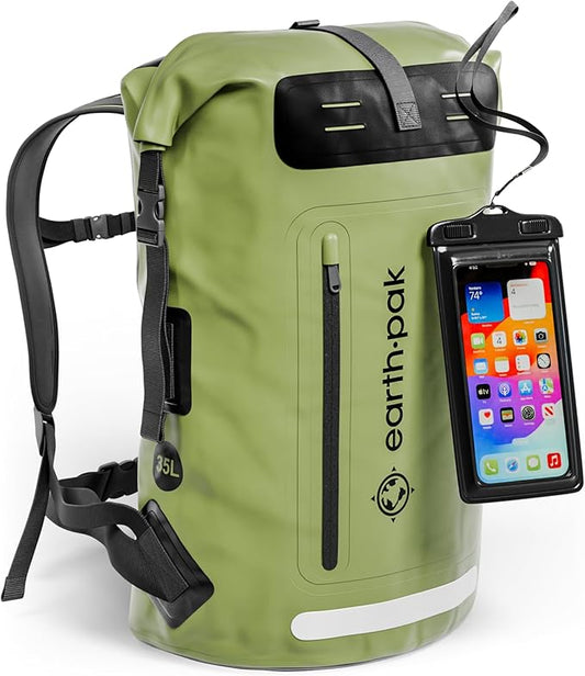 Earth Pak Waterproof Backpack - Heavy Duty Hiking Backpack - Roll-Top Closure Bag - Cushioned Dry Bag Waterproof Phone Case-StrideForce Fitness