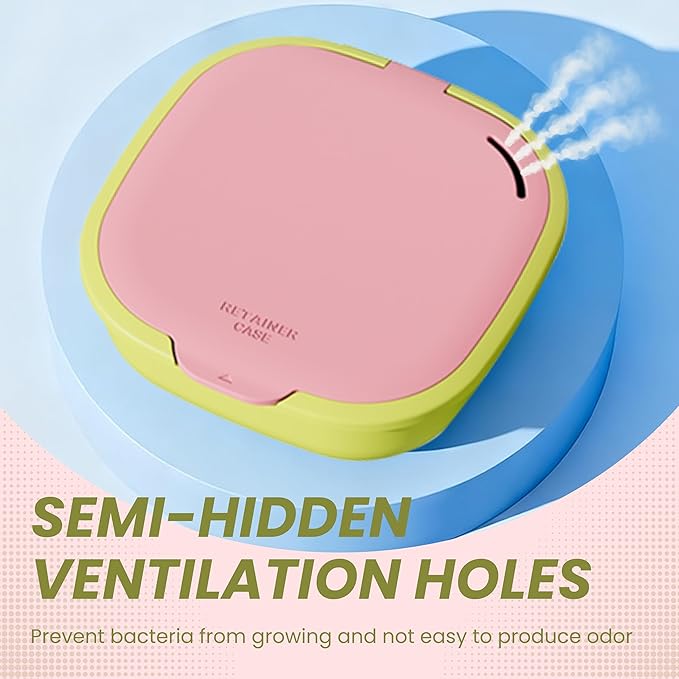 Retainer Case with Mirror and Vent Holes, Cute Slim Aligner Case Compatible with Invisalign, Magnetic Closure Orthodontic Case for Retainers and Mouth Guards (Pink & Yellowish Green)