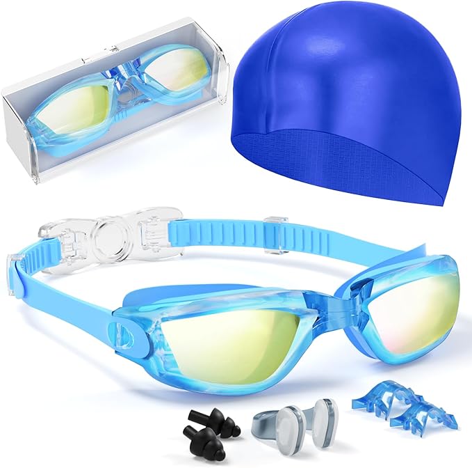 Kids Swim Goggles, Swimming Goggles for Kids Toddlers 3-14 with Swim Cap, Nose Clip, Nose Bridge, Ear Plugs-StrideForce Fitness