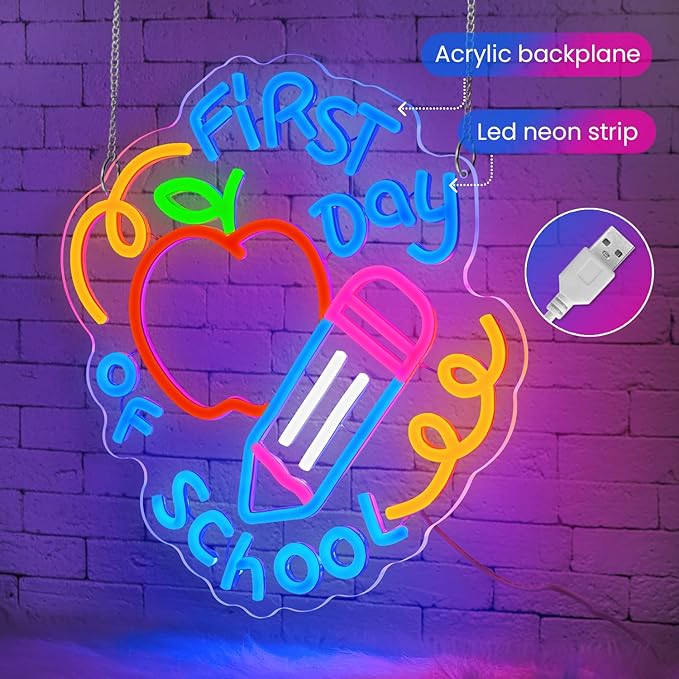 First Day of School Neon Sign for Classroom,Classroom Neon Sign,Colorful LED Back to School Wall Decor,Apple and Pencil Neon Light Sign for Classroom,Preschool,Photo Backdrop,Kids Room-StrideForce Fitness