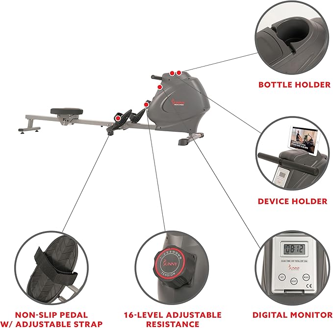 Sunny Health & Fitness Magnetic Rowing Machine for Home Exercise, Quiet & Smooth Rower with Compact Storage and Optional Free SunnyFit App Connectivity-StrideForce Fitness