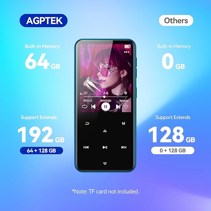 AGPTEK 64GB MP3 Player with Bluetooth, M3 2.4 inch Music Player with Speaker and FM Radio, Touch Buttons, Supports Up to 128GB(Blue)-StrideForce Fitness