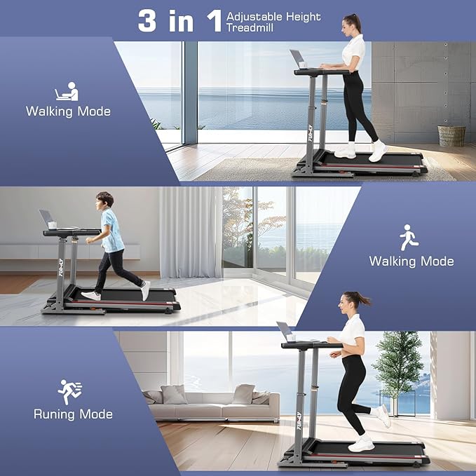 Treadmill with Desk Workstation & Adjustable Height, 300 LBS Weight Capacity, Folding Treadmill with 3 Level Incline, Bluetooth Speaker & App, Portable 2.5HP Walking Pad with Desktop for Home Office-StrideForce Fitness