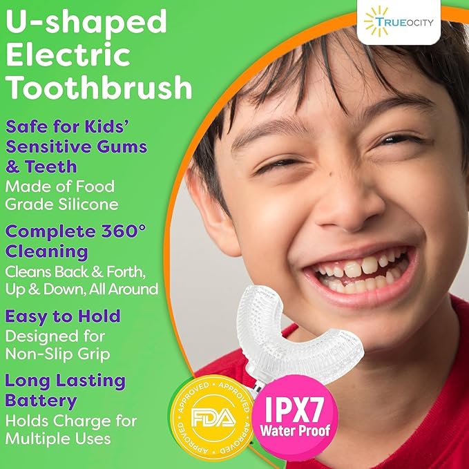 Trueocity Kids U Shape Toothbrush Auto Electric Toddler Rechargeable Kids Automatic Toothbrush | 360° U-Shaped Silicone Brush Head | Gentle Cleaning for Ages 2–7 | Dinosaur Design (Green)