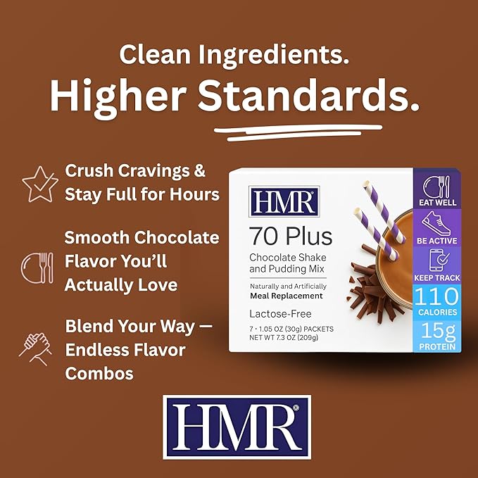 HMR 70 Plus Chocolate Shake & Pudding Mix | Meal Replacement Powder | Lactose-Free | 15g Protein | Easy to Make | Low Calorie | 7 Single Serving Packets each-StrideForce Fitness