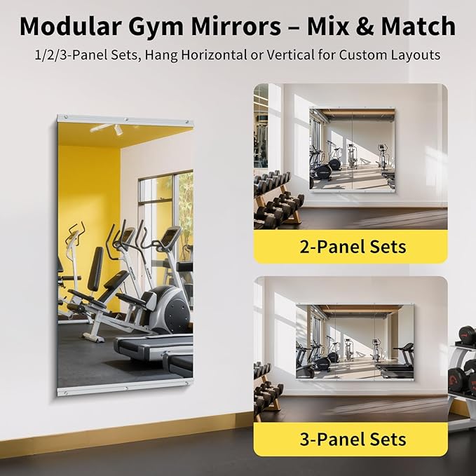 Home Gym Mirror - 48x24 Inch, 3PCS Frameless Tempered Glass Full Body Mirror for Wall Mount - Ideal for Yoga, Workout, Bedroom, Dance Studio (Silver)-StrideForce Fitness
