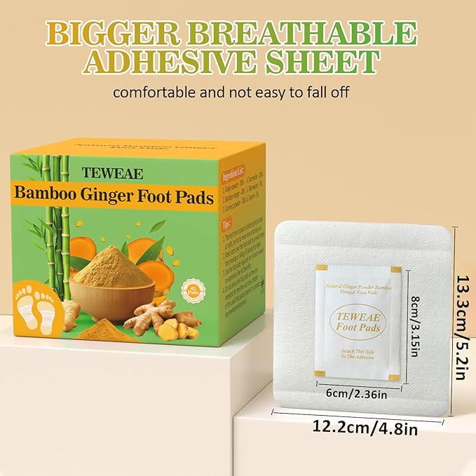 62 Pads Foot Pads -with Pure Natural Turmeric & Ginger, Wormwood, Bamboo Vinegar, Bigger Adhesive Pad Ginger Foot Pads-StrideForce Fitness