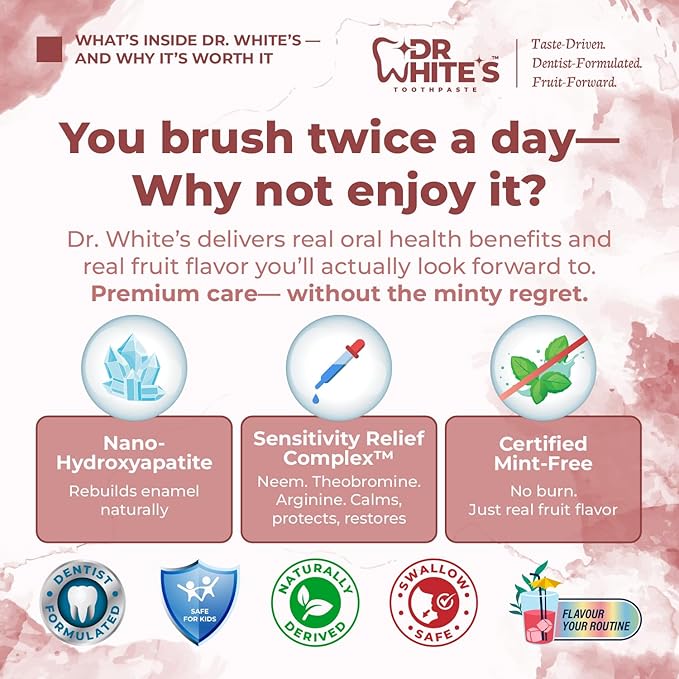 Dr. White’s Fluoride-Free nHA Toothpaste; Dentist-Formulated, Nano Hydroxyapatite + Xylitol, Sensitivity Relief Complex™, Mint-Free, Enamel Safe, Swallow-Safe (3.5 Oz, Cherry Bloom)