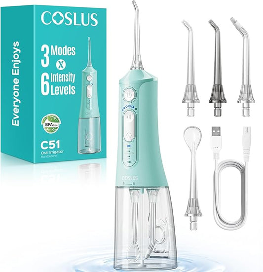 COSLUS Portable Water Flosser for Teeth: 3 Modes & 6 Pressure Settings with Jet Mode Water Dental Pick for Orthodontic, Braces, Sensitive Gums, Compact for Travel, 300ML for Multiple Users, Green C51