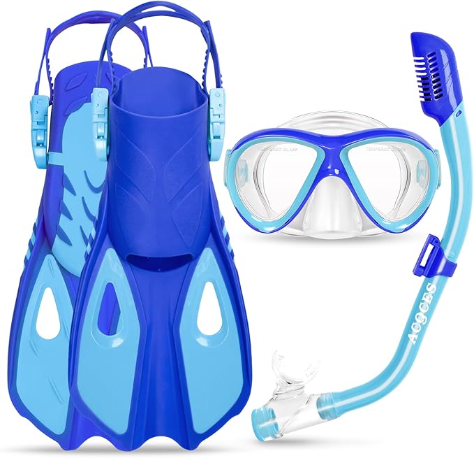 Kids Mask Fins Snorkel Set, Dry Top Snorkeling Gear for Kids Youth Boys Girls Junior Age 5-15 Tempered Glass Snorkel Mask Set Panoramic View Snorkeling Packages-StrideForce Fitness