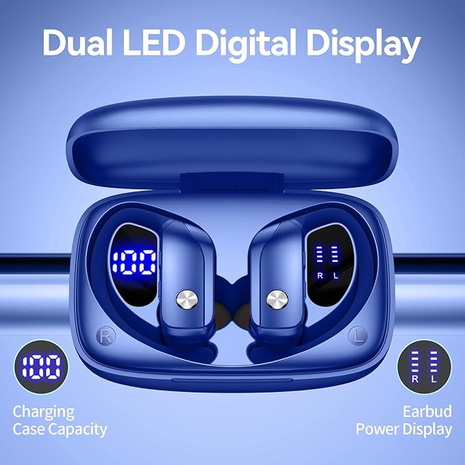 bmani Ear Buds Wireless Earbuds Bluetooth Headphones with 80H Playtime LED Display Case, Over-Ear Hook with Mic, Stereo Sound, Easy Button Controls, Sports Earphones for Running Workout Gym Blue-StrideForce Fitness