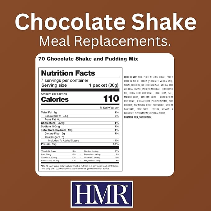 HMR 70 Plus Chocolate Shake & Pudding Mix | Meal Replacement Powder | Lactose-Free | 15g Protein | Easy to Make | Low Calorie | 7 Single Serving Packets each-StrideForce Fitness
