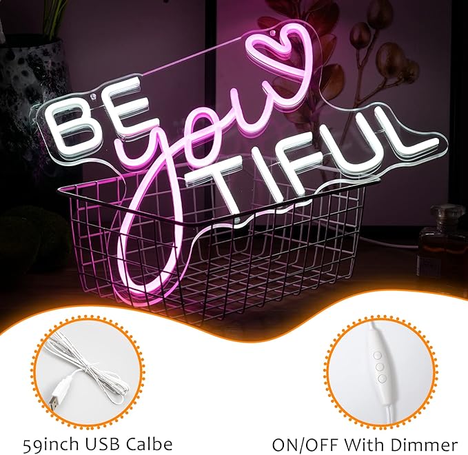 Be Your Tiful Neon Sign Dimmable Letter Neon Signs White Pink Wall Decorative Lights Powered USB with Switch for Bedroom Kid Room Shop Apartment Birthday Party Wedding （15.7’’X11.8’’）-StrideForce Fitness