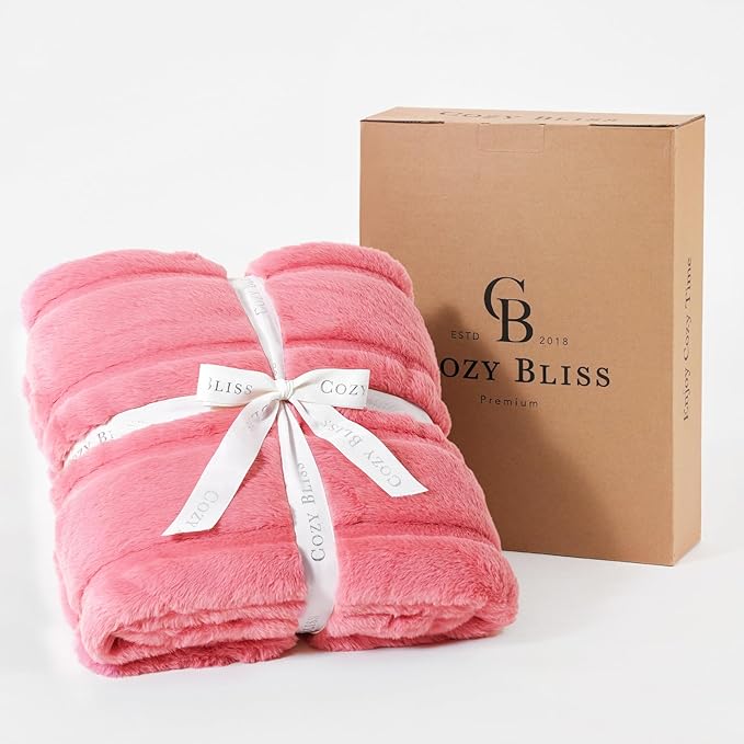 Cozy Bliss Faux Fur Throw Blanket for Couch, Cozy Warm Plush Striped Blanket for Sofa Bedroom Living Room, Pink-StrideForce Fitness