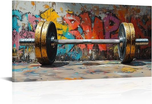 VANSEEING Graffiti Gym Wall Art Canvas Prints Barbell Weightlifting Fitness Picture Sport Motivational Artwork Oil Painting Wall decor for Workout Bedroom Fitness Boys Room 40x20 inch-StrideForce Fitness