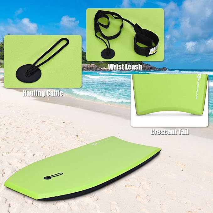Goplus 41''/37''/33'' Lightweight Body Board for Beach, Surf Board with EPS Core, XPE Deck, HDPE Slick Bottom, Wrist Leash, Bodyboard for Kids Adults Surfing-StrideForce Fitness