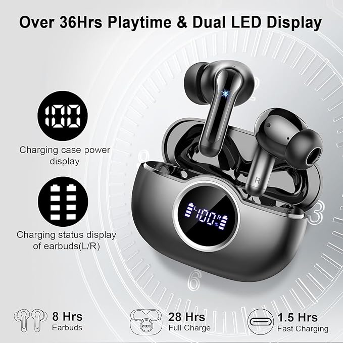 Wireless Earbuds, 2025 Bluetooth 5.4 Headphone 3D Bass Hi-Fi Stereo Ear Buds, 4 ENC Noise Cancelling Mic, 40H 3g USB-C in-Ear Earphone, IP7 Waterproof Workout Sport for Laptop Pad Android iOS, Black-StrideForce Fitness