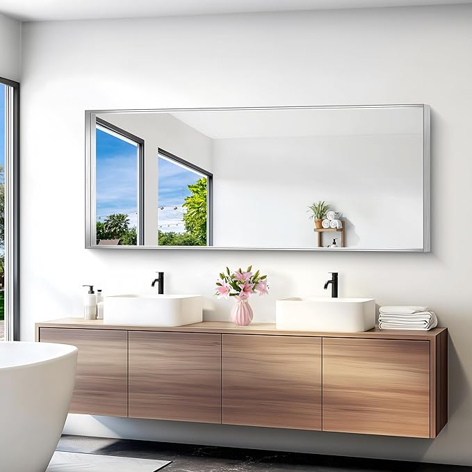 Silver Bathroom Mirror, 72x30 Inch Rectangular Deep Frame Mirror, Large Wall Mounted Bathroom Vanity Mirror Over Sink for Bedroom,Restroom, Living Room, Hangs Vertically or Horizontally-StrideForce Fitness