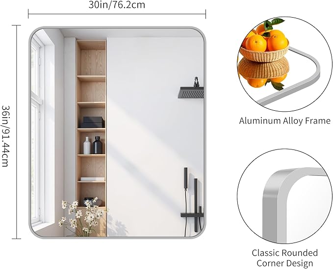 FORBATH 30x36 Inch Silver Bathroom Mirror for Over Sink, Large Rectangular Wall Mirror with Metal Frame, Rounded Corners for Bathroom, Bedroom, Entryway Decor (Horizontal or Vertical)-StrideForce Fitness