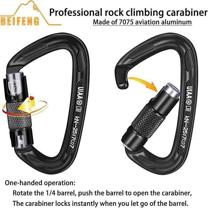 BEIFENG 25KN Auto Locking Carabiner - UIAA Certified Heavy Duty Climbing Carabiners for Rock Climbing, Camping, Rappelling, Hunting, Rescue Equipment - Professional Carabiner Clips (Black)-StrideForce Fitness
