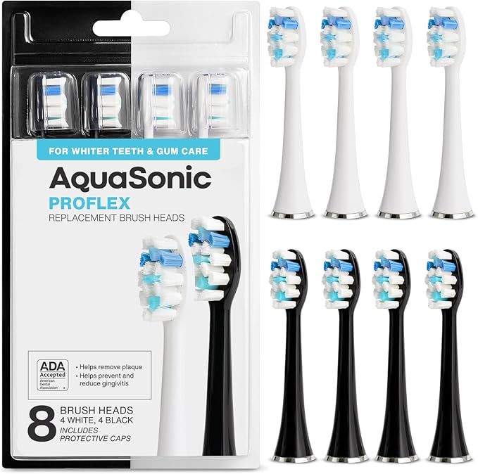 AquaSonic Genuine Duo PRO 8-Pack Replacement Brush Heads - Upgraded Proflex Brush Heads for Improved Plaque Removal - ADA Accepted - Genuine AquaSonic