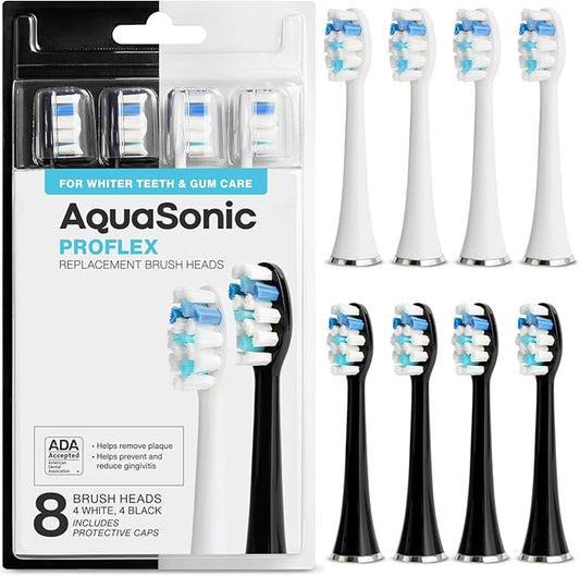 AquaSonic Genuine Duo PRO 8-Pack Replacement Brush Heads - Upgraded Proflex Brush Heads for Improved Plaque Removal - ADA Accepted - Genuine AquaSonic