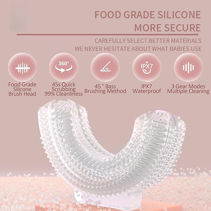 Kids U Shaped Electric Toothbrush with 4 Brush Heads, 360° Sonic Automatic Toothbrush with 3 Cleaning Modes, IPX7 Waterproof Cartoon Dinosaur Design (Ages 2-12)