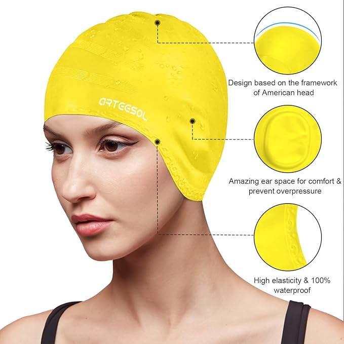 Swimming Cap, Silicone Swim Cap for Women Men, Durable Non-Slip Waterproof Swim Cap Protect Ears, Long Hair for Adults, Older Kids-StrideForce Fitness