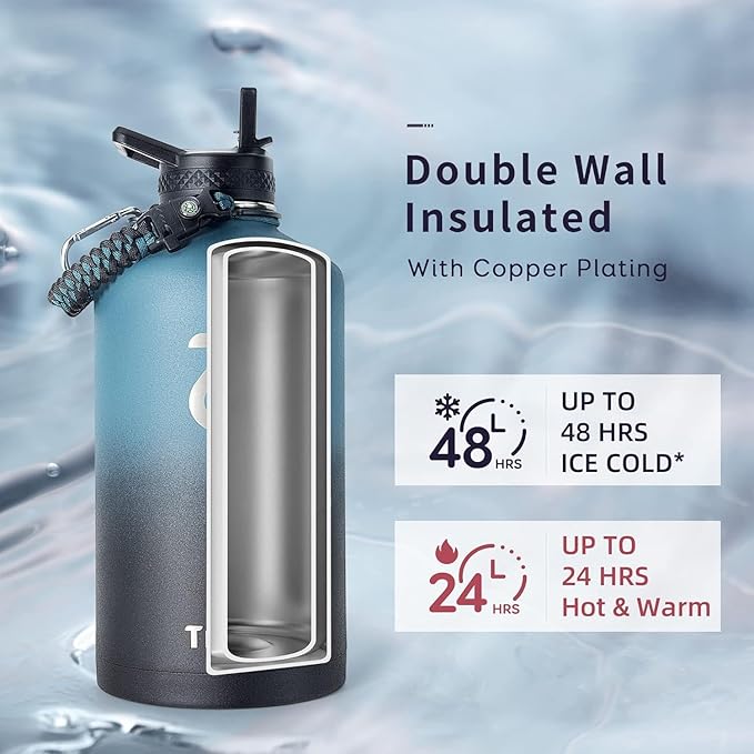 Trebo One Gallon Water Bottle Insulated with Paracord Handle,128oz Large Stainless Steel Water Jug,Vacuum Double Wall Insulated 24hr Cold Retention,Leakproof Flask with 3 Lids,Indigo Black-StrideForce Fitness