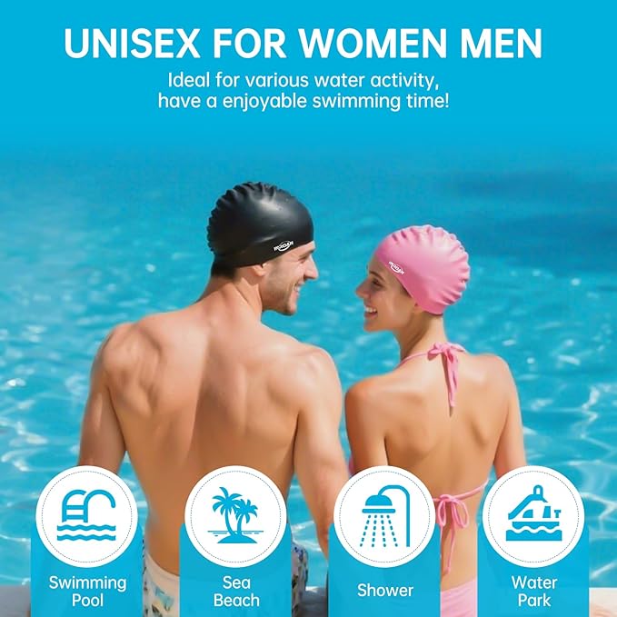 Large Thick Hair Swim Cap with Extra Room for Women Men, Premium Silicone Swimming Cap for Long Hair with Ear Plugs Nose Clip Set, Adult Waterproof Swim Hats Bathing Caps to Keep Hair Dry-StrideForce Fitness