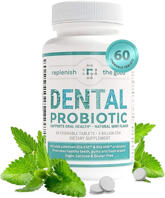 Dental Oral Probiotic, 60 Chewable Tablets - Supplements w/BLIS K12 & M18 - Bad Breath Treatment for Adults - Boosts Oral Health - Fights Halitosis, Tooth Decay, Strep Throat (Mint Flavor)