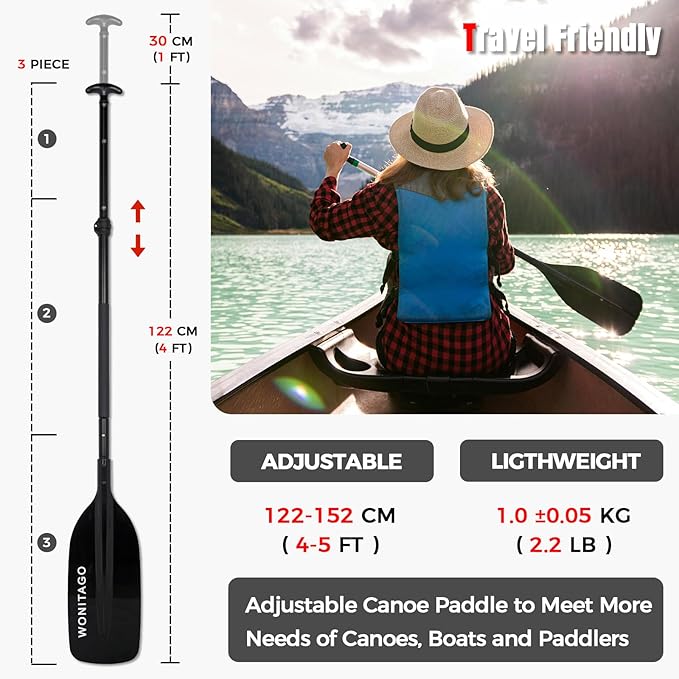 Canoe Paddles Aluminum Paddle with Plastic Blades Floating Adjustable Canoeing and Boating Oars, 122-152 cm/4-5 Ft, Black/Yellow-StrideForce Fitness