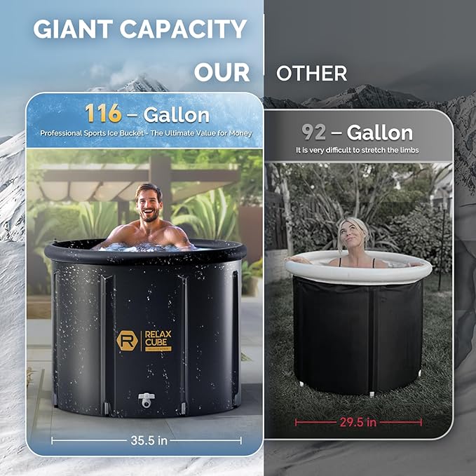 Ice Bath Tub for Athletes, 116 Gal XL Cold Plunge Tub for Recovery and Cold Water Therapy, Portable Multiple Layered Ice Pod Barrel for Outdoor, Inflatable Icebath Tub at Home, Pure Black-StrideForce Fitness