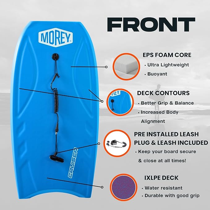 MOREY® Cruiser, The Original Bodyboard; 42.5 in Full Size Body Boards for Beach, for All Skill Levels, Engineered with HDPE Slick Bottom for Speed, Front Deck Contours for Grip (2025 Model)-StrideForce Fitness